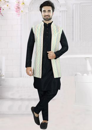 Black Embroidered Kurta Pajama With Nehru Jacket