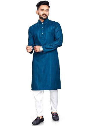 Blue Zari Work Men Kurta Pajama