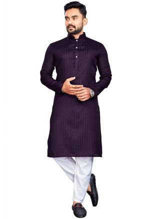 Purple Zari Work Kurta Pajama In Cotton