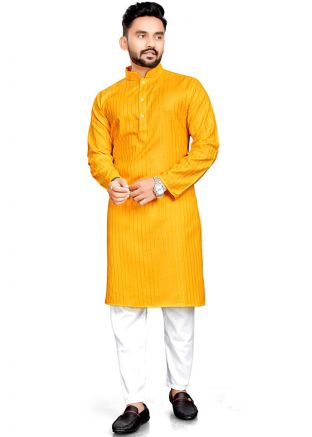 Yellow Men Kurta Pajama In Cotton
