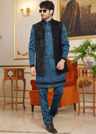 Blue Embroidered Indo Western Sherwani & Jacket