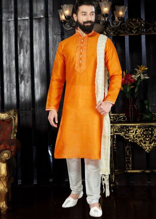 Readymade Orange Art Silk Kurta Churidar Set With Stole