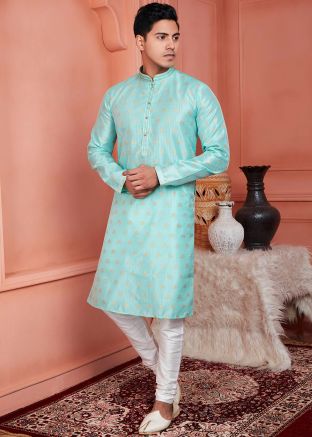 Turquoise Woven Kurta Pajama For Men
