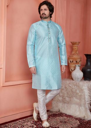 Sky Blue Men Kurta Pajama In Woven Work