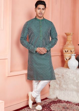 Green Woven Readymade Men Kurta Pajama