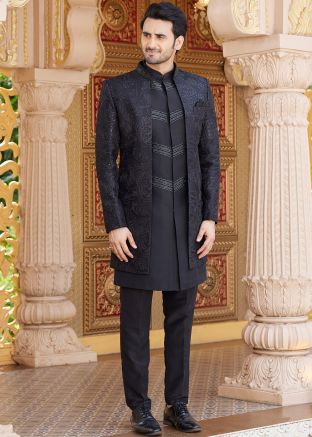 Art Silk Black Embroidered Indo Western Sherwani