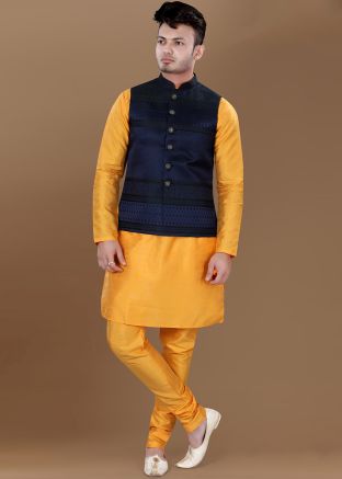 Yellow Men Kurta Pajama With Woven Nehru Jacket
