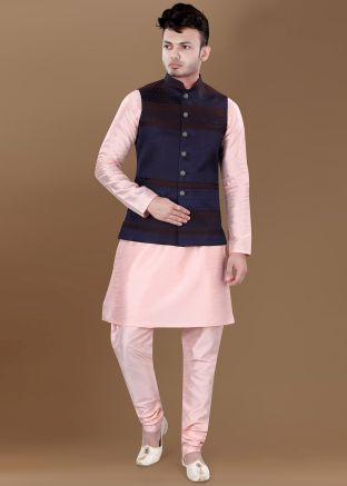 Pink Kurta Pajama With Woven Nehru Jacket