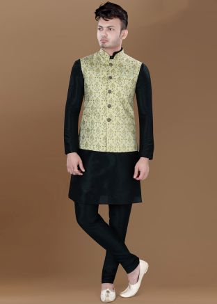 Black Kurta Pajama With Woven Nehru Jacket