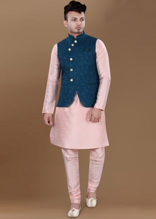Pink Kurta Pajama With Teal Blue Woven Jacket In Silk