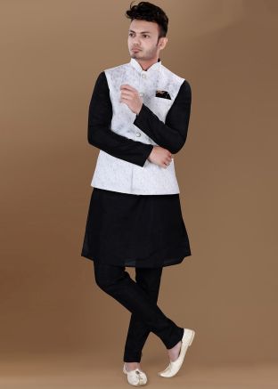 Men Black Kurta Pajama With Off White Nehru Jacket