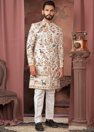 White Men Embroidered Indo Western Sherwani Set