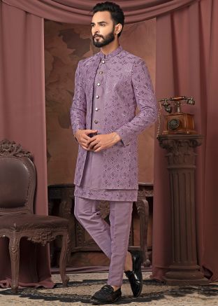 Purple Embroidered Silk Indo Western Sherwani