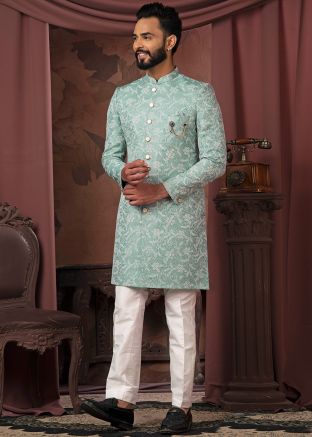 Turquoise Woven Indo Western Sherwani For Men