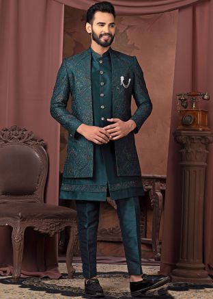 Teal Green Embroidered Indo Western Sherwani