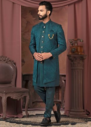 Teal Blue Woven Indo Western Sherwani Set