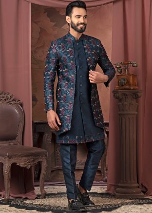 Navy Blue Embroidered Men Indo Western Sherwani