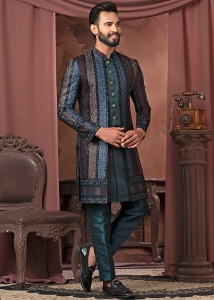 Teal Blue Men Embellished Indo Western Sherwani Set