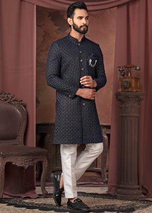 Navy Blue Embroidered Men Indo Western Sherwani