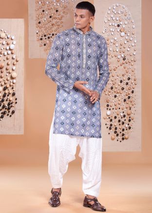 Readymade Grey Printed Dhoti Kurta Set