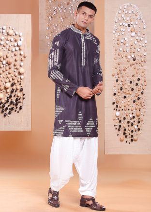 Readymade Men Grey Printed Dhoti Kurta Set