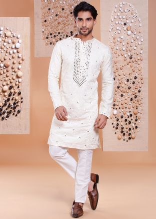 Off White Mirror Embroidered Kurta Pant For Men