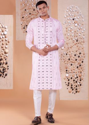 Pink Mirror Work Men Kurta With Pant