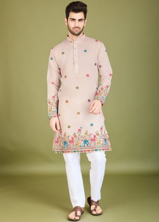 Men Beige Thread Embroidered Kurta In Viscose Silk