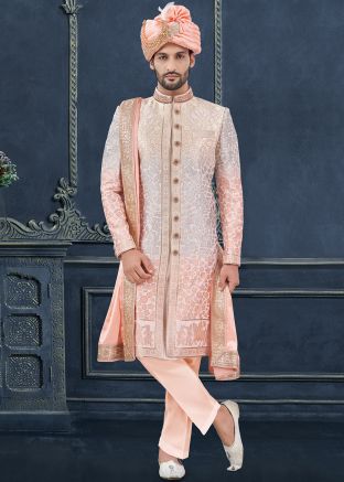 Multicolored Woven Silk Sherwani Set For Men
