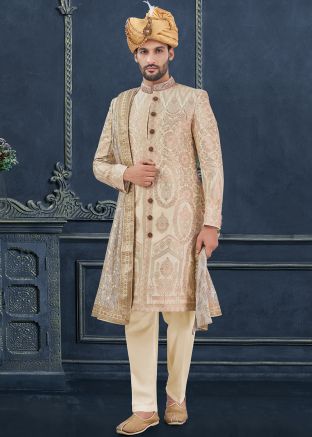 Readymade Cream Woven Sherwani Set In Jacquard