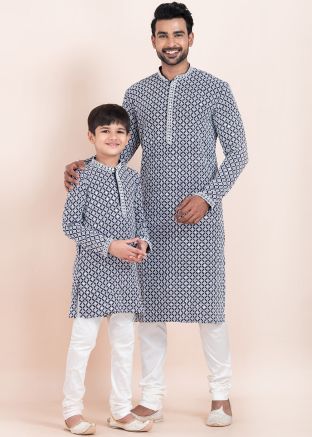 Navy Blue Embellished Father & Son Combo Set