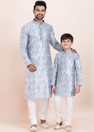 Blue Father & Son Woven Kurta Pajama Set