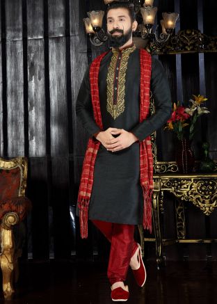 Readymade Black Art Silk Kurta Churidar Set With Stole