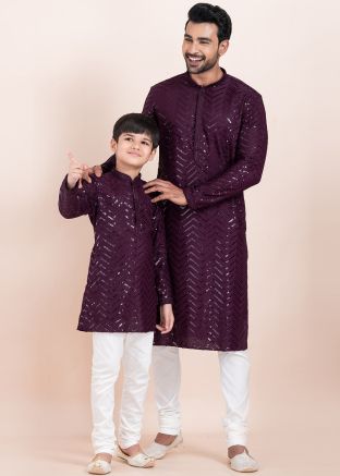 Purple Embroidered Father & Son Kurta Pajama Set