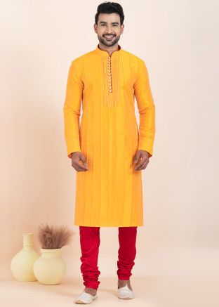 Reymade Yellow Pintucks Kurta Pajama For Men