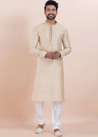 Beige Zari Woven Kurta Pajama In Jacquard