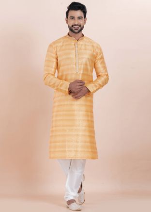 Yellow Zari Woven Men Kurta Pajama