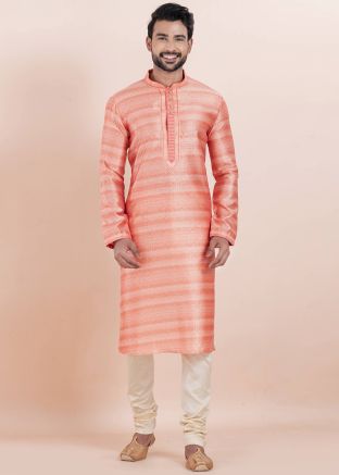 Pink Zari Woven Men Kurta Pajama