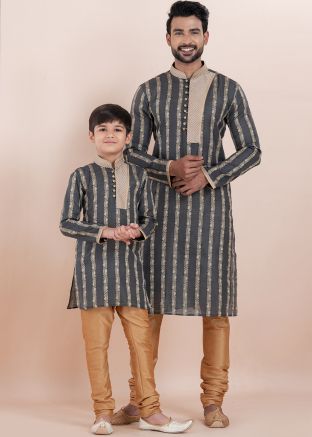 Black Zari Woven Father & Son Kurta Pajama