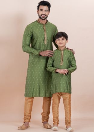 Green Father & Son Woven Kurta Pajama