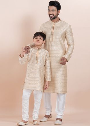 Father & Son Beige Kurta Pajama In Jacquard
