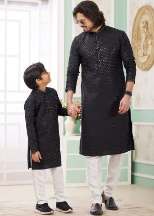 Black Embellished Father & Son Readymade Kurta Pajama Set