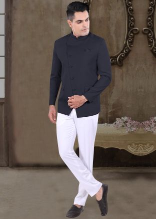 Blue Readymade Bandhgala Jodhpuri In Viscose