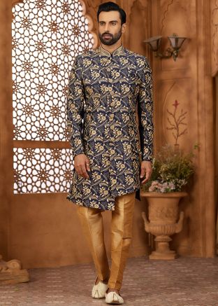 Navy Blue Woven Indo Western Sherwani Set