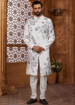 Off White Floral Print Indo Western Sherwani