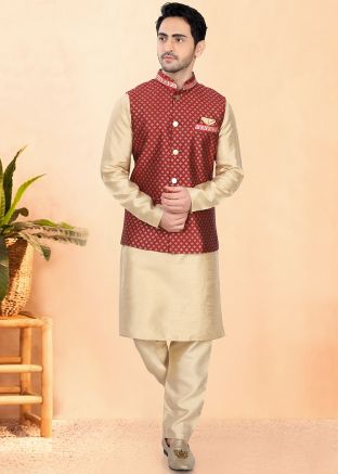 Golden Woven Kurta Pajama With Nehru Jacket