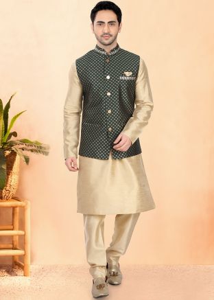 Golden Woven Kurta Pajama With Nehru Jacket