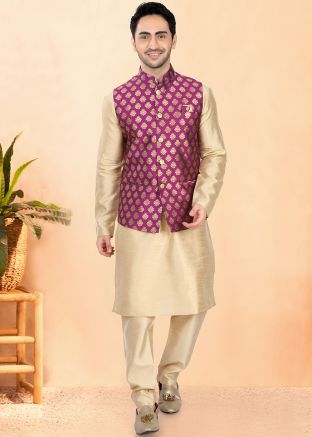 Golden Kurta Pajama With Nehru Jacket In Jacquard