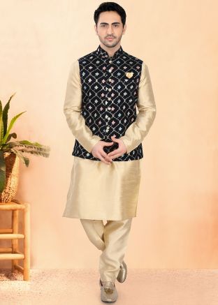 Golden Embroidered Kurta Pajama With Nehru Jacket