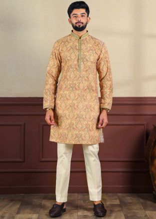 Peach Printed Mens Kurta Pajama